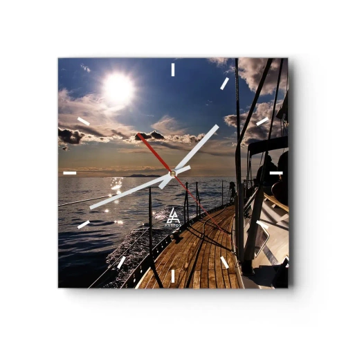 Wanduhr - Glasuhr - Eine Yachtkreuzfahrt auf dem Meer bei Sonnenuntergang - 30x30cm - Der Sonne entgegen segeln - Moderne Wanddekoration für Wohnzimmer und Schlafzimmer ARTTOR