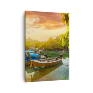 Bild auf Leinwand - Leinwandbild - Traditionelle Boote auf ruhigem Wasser bei Sonnenuntergang - 70x100cm - Vor einem anstrengenden Tag - Moderne Wanddekoration für Wohnzimmer und Schlafzimmer ARTTOR