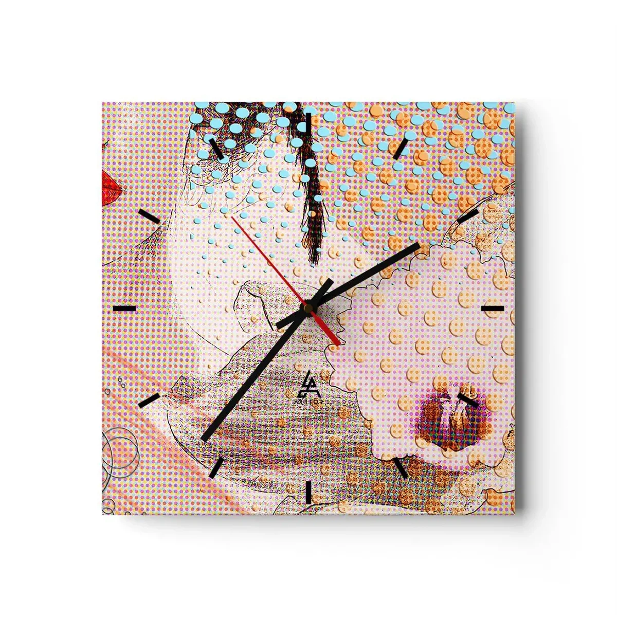 Wanduhr - Glasuhr - Abstraktes Kunstwerk mit Mund- und Orchideenmotiv - 30x30cm - Comic-Heldin - Moderne Wanddekoration für Wohnzimmer und Schlafzimmer ARTTOR