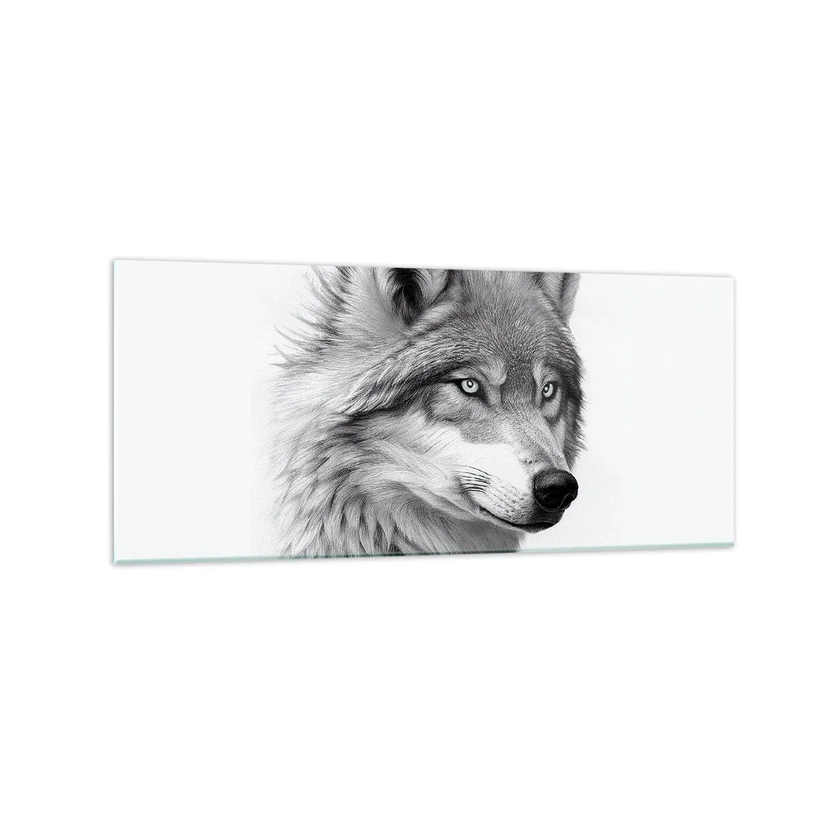 Glasbild - Bild auf glas - Ein realistisches Porträt eines Wolfes in Grautönen. - 120x50cm - Alpha – ohne Zweifel - Moderne Wanddekoration für Wohnzimmer und Schlafzimmer ARTTOR