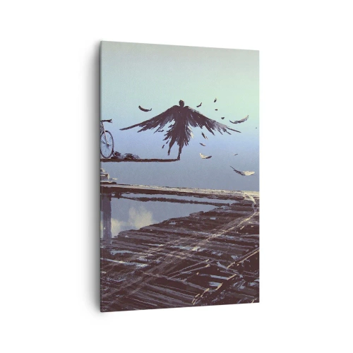 Bild auf Leinwand - Leinwandbild - Eine Figur mit Federn schwebt über einer Holzbrücke neben einem Fahrrad. - 80x120cm - Ikarus lebt für immer - Moderne Wanddekoration für Wohnzimmer und Schlafzimmer ARTTOR