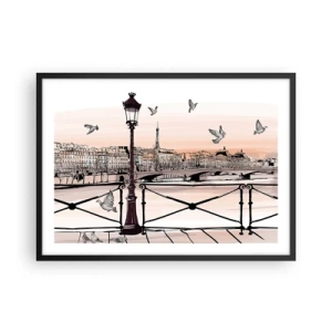 Poster in einem schwarzem Rahmen - Pariser Ansicht mit einer Laterne und einer Brücke - 70x50cm - Über den Dächern von Paris - Moderne Wanddekoration für Wohnzimmer und Schlafzimmer ARTTOR