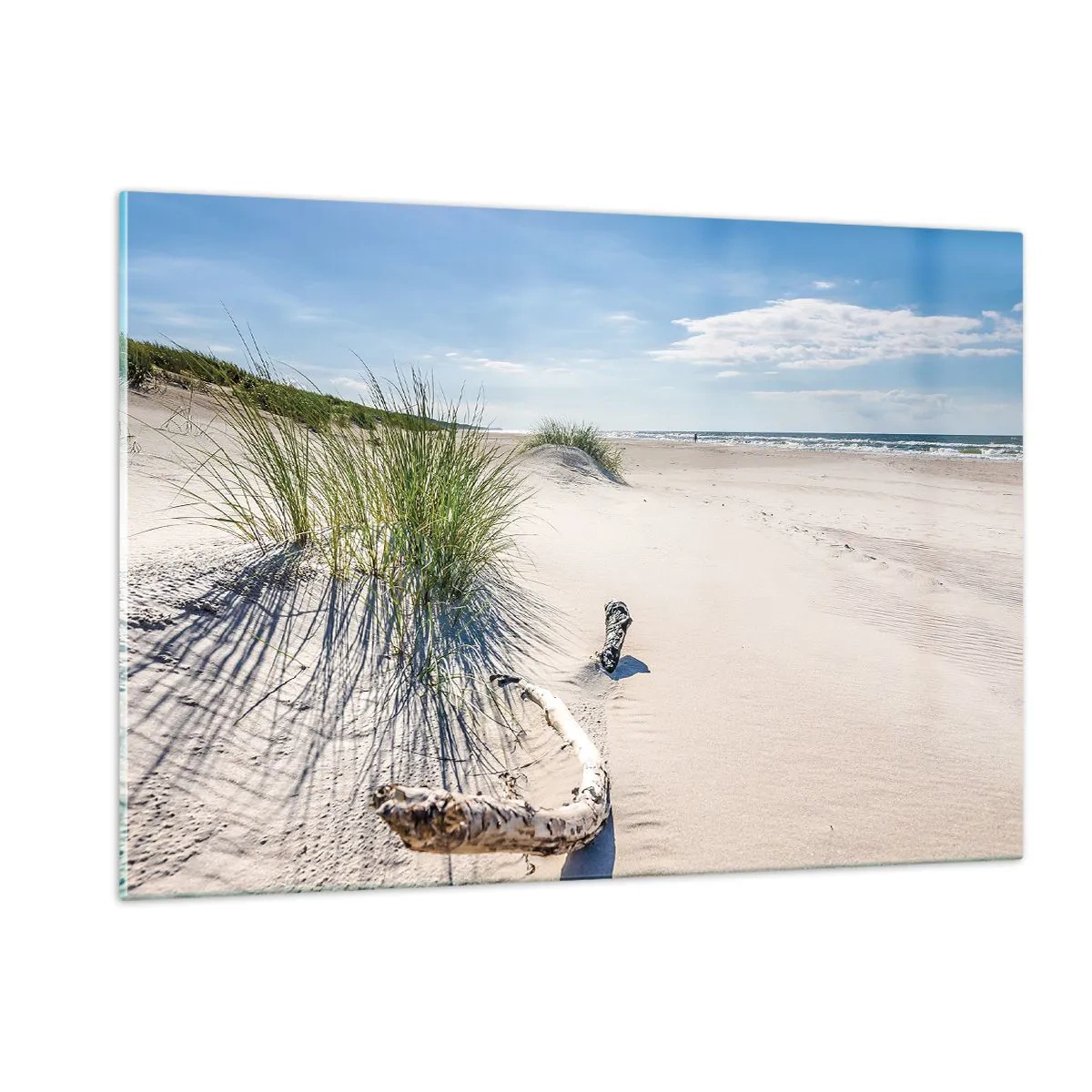 Glasbild - Bild auf glas - Ein sonniger Strand mit Dünen und Seegras - 120x80cm - Der schönste Strand? Ostsee-Strand - Moderne Wanddekoration für Wohnzimmer und Schlafzimmer ARTTOR
