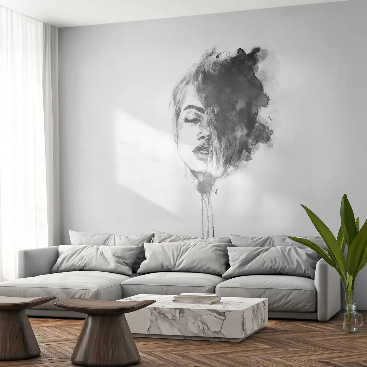 Fototapete Premium Canvas - Wovon träumt das Mädchen - Porträt einer Frau, Das Gesicht einer Frau, Abstraktion - 300x210 cm