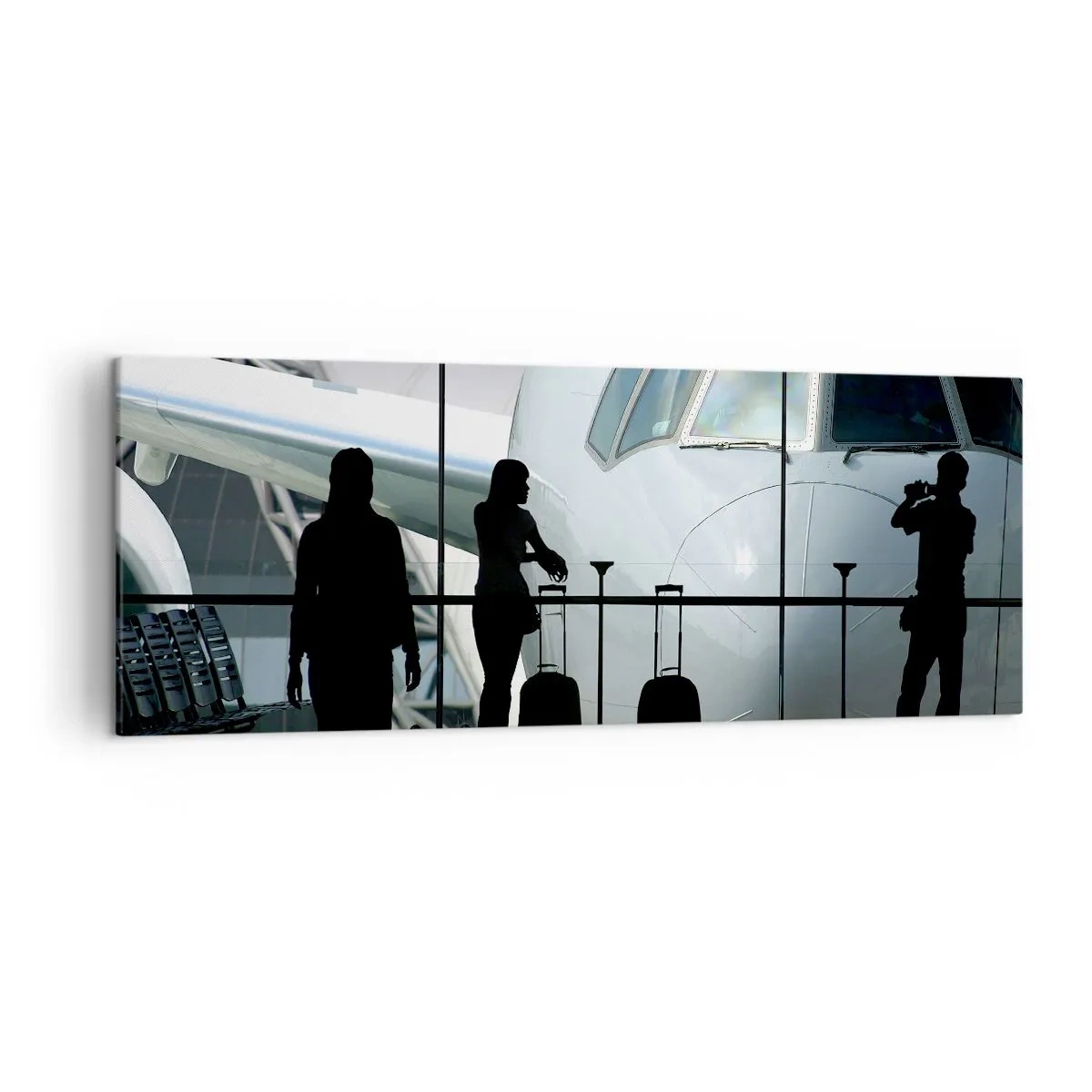 Bild auf Leinwand - Leinwandbild - Flughafen mit Silhouetten von Menschen und Blick auf das Flugzeug - 140x50cm - Vis a vis am Flughafen - Moderne Wanddekoration für Wohnzimmer und Schlafzimmer ARTTOR