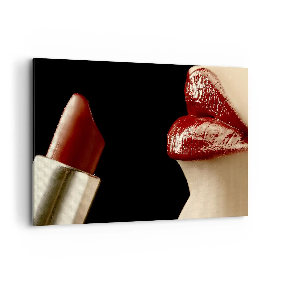 Bild auf Leinwand - Leinwandbild - Rote Lippen und Lippenstift auf schwarzem Hintergrund - 100x70cm - Sinnlichkeit und Brillanz von Karmin - Moderne Wanddekoration für Wohnzimmer und Schlafzimmer ARTTOR