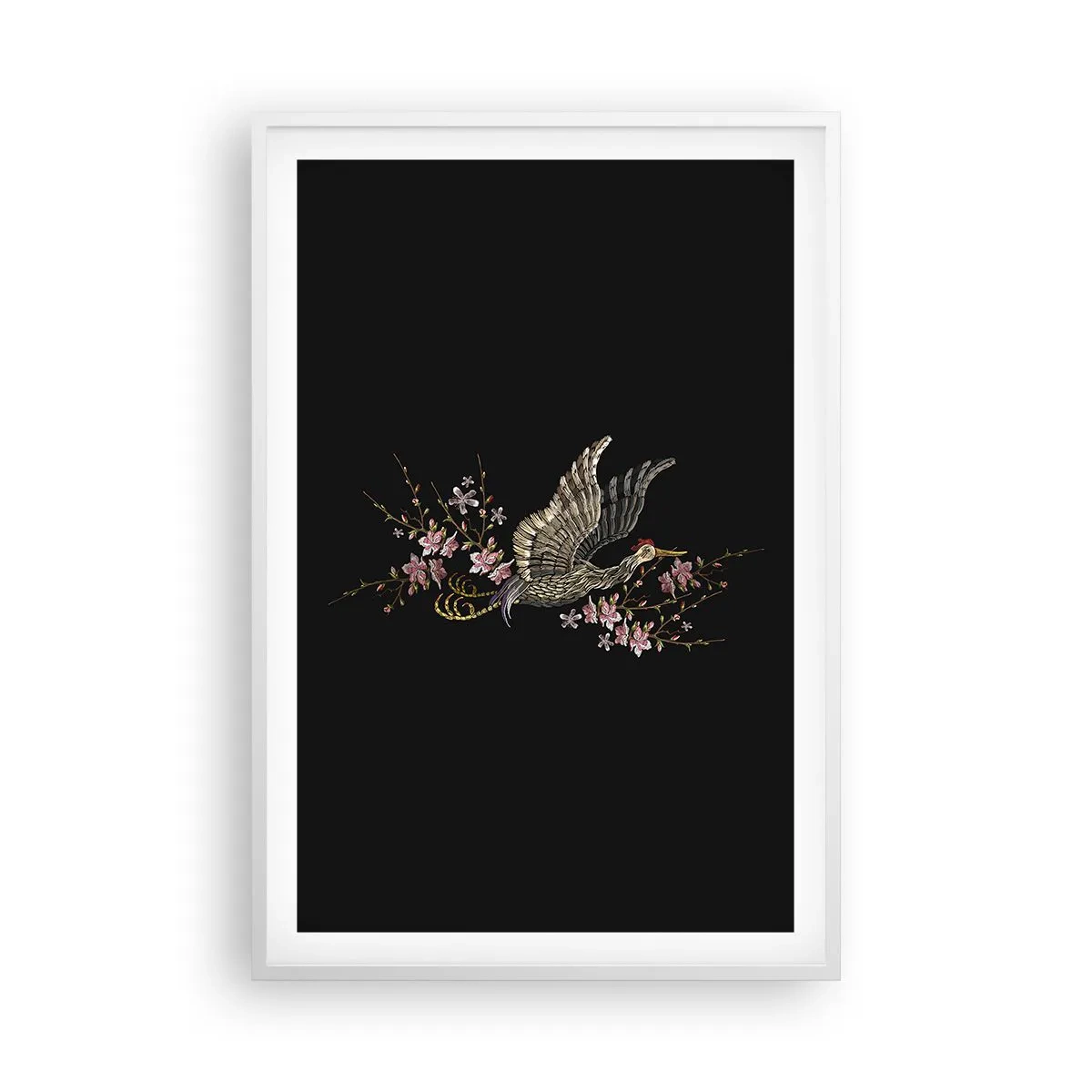 Poster in einem weißen Rahmen - Exotischer gestickter Vogel - 61x91 cm