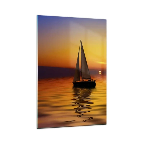 Glasbild - Bild auf glas - Ein Segelboot auf ruhiger See bei Sonnenuntergang - 80x120cm - Wie ruhig es hier in der Abenddämmerung ist... - Moderne Wanddekoration für Wohnzimmer und Schlafzimmer ARTTOR