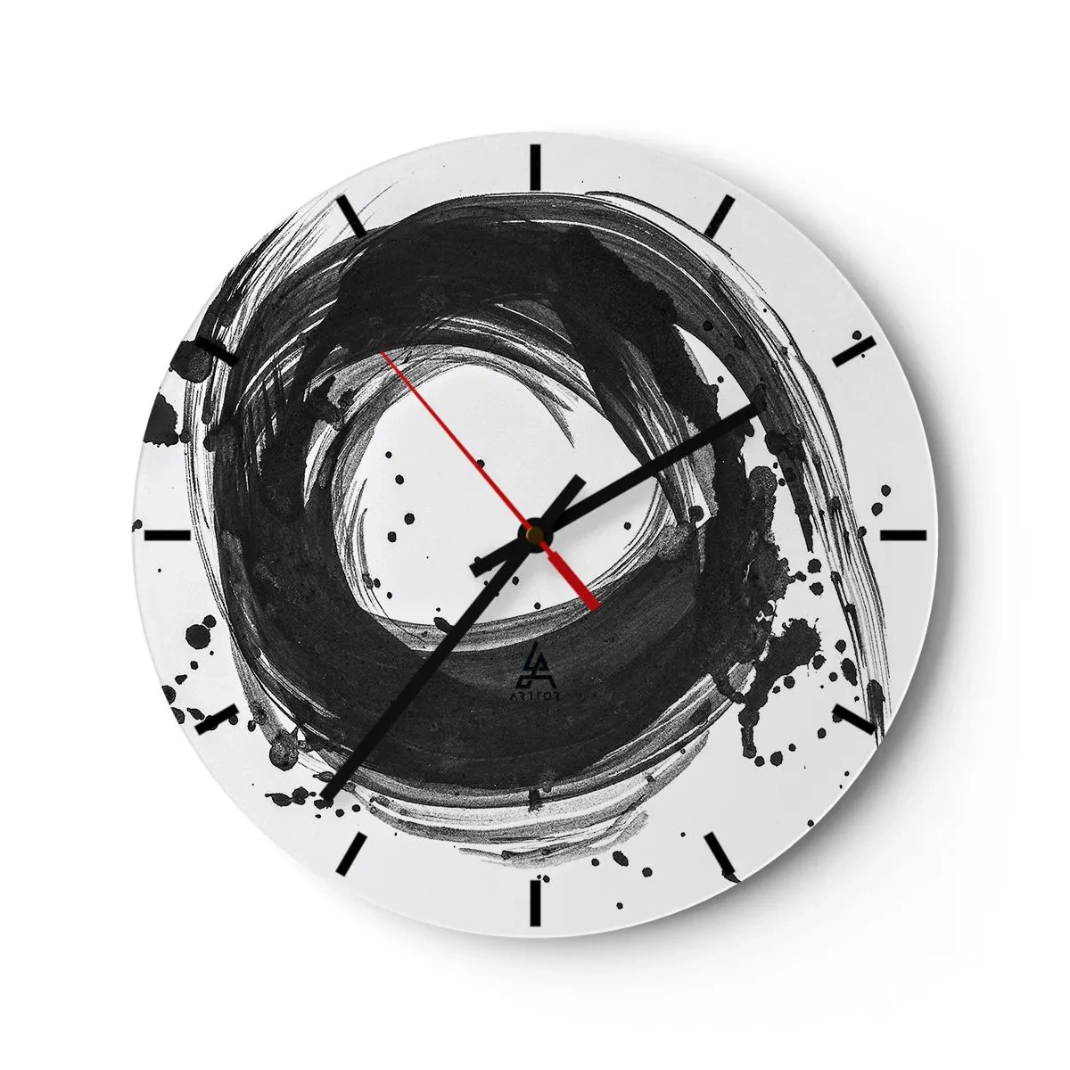 Wanduhr - Glasuhr - Abstrakter Kreis aus schwarzen Pinselstrichen - 30x30cm - Der Wirbel der Schöpfung - Moderne Wanddekoration für Wohnzimmer, Küche und Schlafzimmer ARTTOR