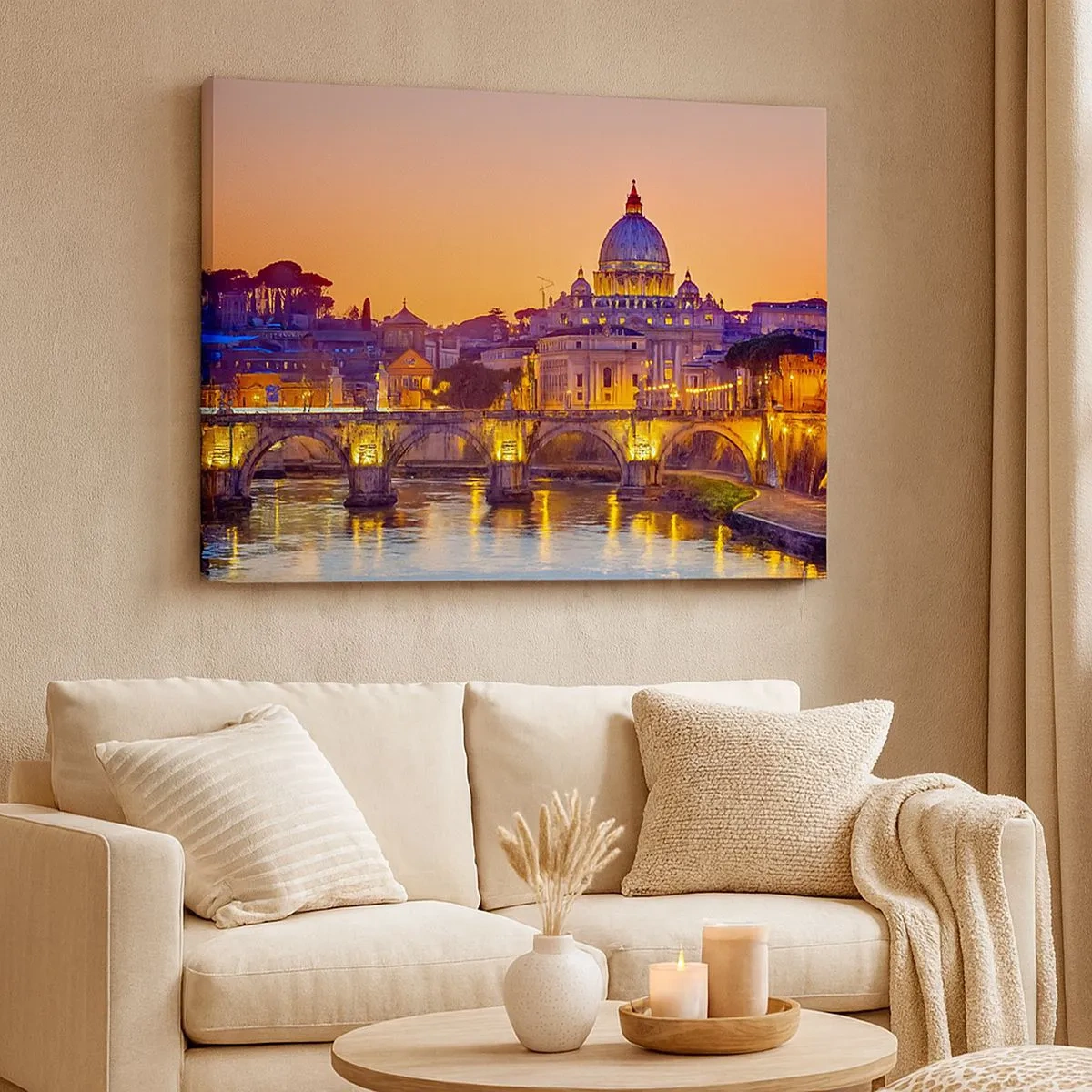 Bild auf Leinwand - Leinwandbild - Panorama des Vatikans bei Sonnenuntergang mit einer Brücke über den Fluss - 70x50cm - Sonnenuntergang über der ewigen Stadt - Moderne Wanddekoration für Wohnzimmer und Schlafzimmer ARTTOR