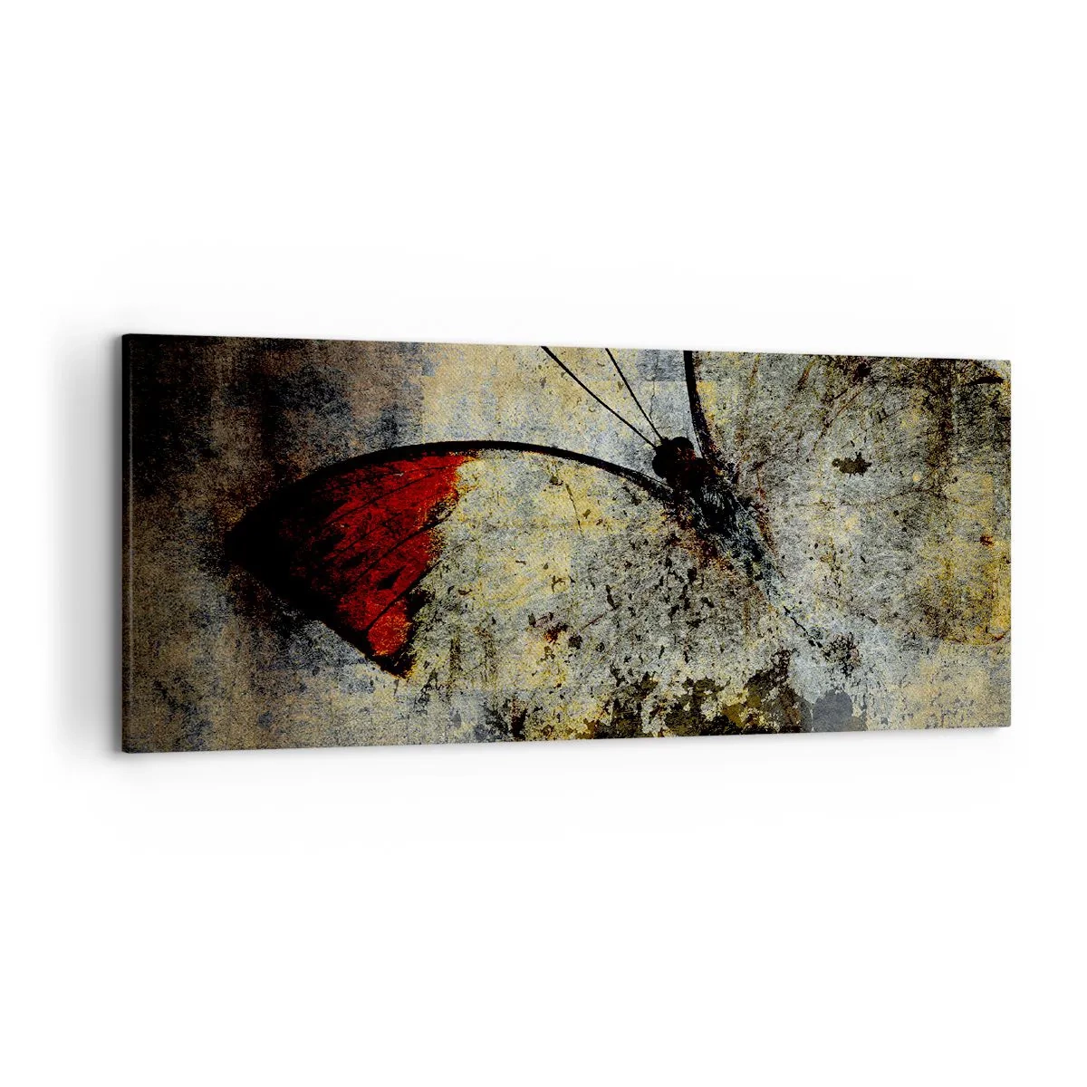 Bild auf Leinwand - Leinwandbild - Ein Schmetterling in Rot- und Grautönen auf strukturiertem Hintergrund - 120x50cm - Pass auf, bevor ich verschwinde - Moderne Wanddekoration für Wohnzimmer und Schlafzimmer ARTTOR
