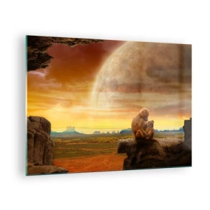 Glasbild - Bild auf glas - Affen sitzen auf einem Felsen mit einem riesigen Mond im Hintergrund - 70x50cm - Die Liebe ist überall gleich - Moderne Wanddekoration für Wohnzimmer und Schlafzimmer ARTTOR