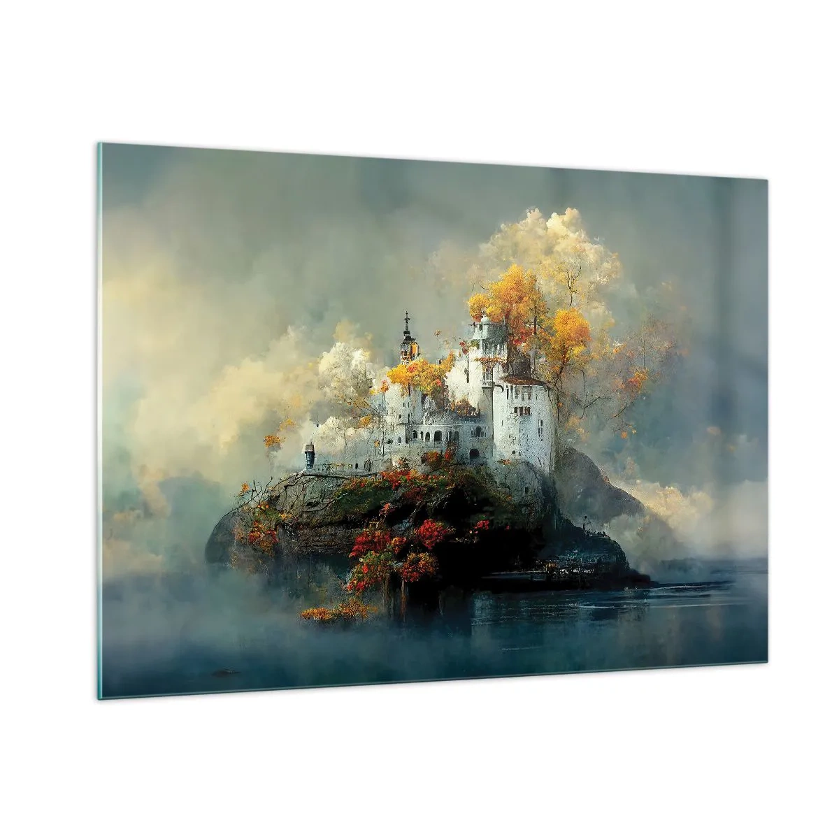 Glasbild - Bild auf glas - Eine Burg auf einem Felsen, umgeben von Nebel und Herbstbäumen - 100x70cm - Beginn einer romantischen Geschichte - Moderne Wanddekoration für Wohnzimmer und Schlafzimmer ARTTOR