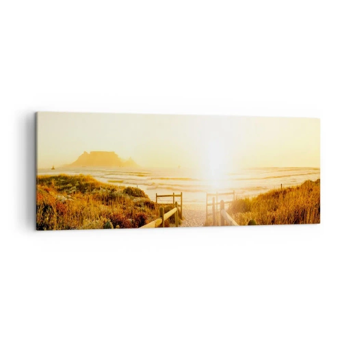 Bild auf Leinwand - Leinwandbild - Weg zum Strand bei goldenem Sonnenuntergang - 140x50cm - Über die Düne, der Sonne entgegen - Moderne Wanddekoration für Wohnzimmer und Schlafzimmer ARTTOR