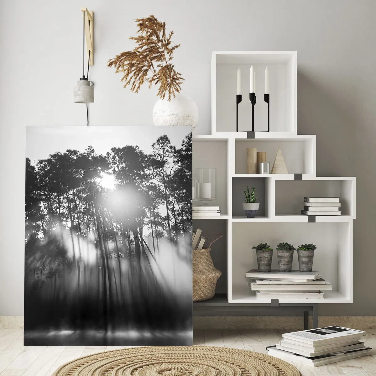 Glasbild - Bild auf glas - Schwarz-weißer Wald im Morgennebel - 70x100cm - Unaufhaltsame Sonne - Moderne Wanddekoration für Wohnzimmer und Schlafzimmer ARTTOR
