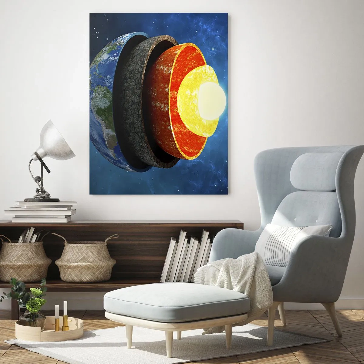 Glasbild - Bild auf glas - Ein Querschnitt der Erde, der ihre Schichten vor dem Hintergrund des Weltraums zeigt. - 50x70cm - Reise zum Mittelpunkt der Erde - Moderne Wanddekoration für Wohnzimmer und Schlafzimmer ARTTOR