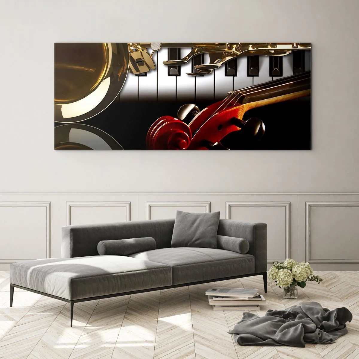 Glasbild - Bild auf glas - Blech, Holz und Elfenbein - 90x30 cm