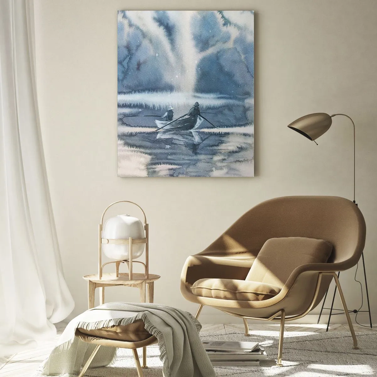 Glasbild - Bild auf glas - Aquarelllandschaft mit Booten auf einem See, umgeben von einem nebligen Wald - 80x120cm - Angler in ihrem Paradies - Moderne Wanddekoration für Wohnzimmer und Schlafzimmer ARTTOR