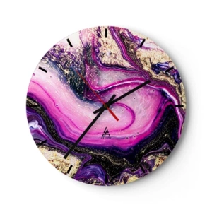 Wanduhr - Glasuhr - Ein abstraktes Muster in Lila- und Goldtönen mit einem wirbelnden Motiv. - 30x30cm - Ein Moment hinter den Kulissen - Moderne Wanddekoration für Wohnzimmer, Küche und Schlafzimmer ARTTOR