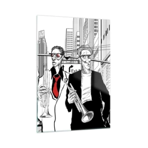 Glasbild - Bild auf glas - Eine Jazz-Straßenband mit modernem Grafikstil. - 50x70cm - Urbane Rhapsodie in Schwarz und Rot - Moderne Wanddekoration für Wohnzimmer und Schlafzimmer ARTTOR