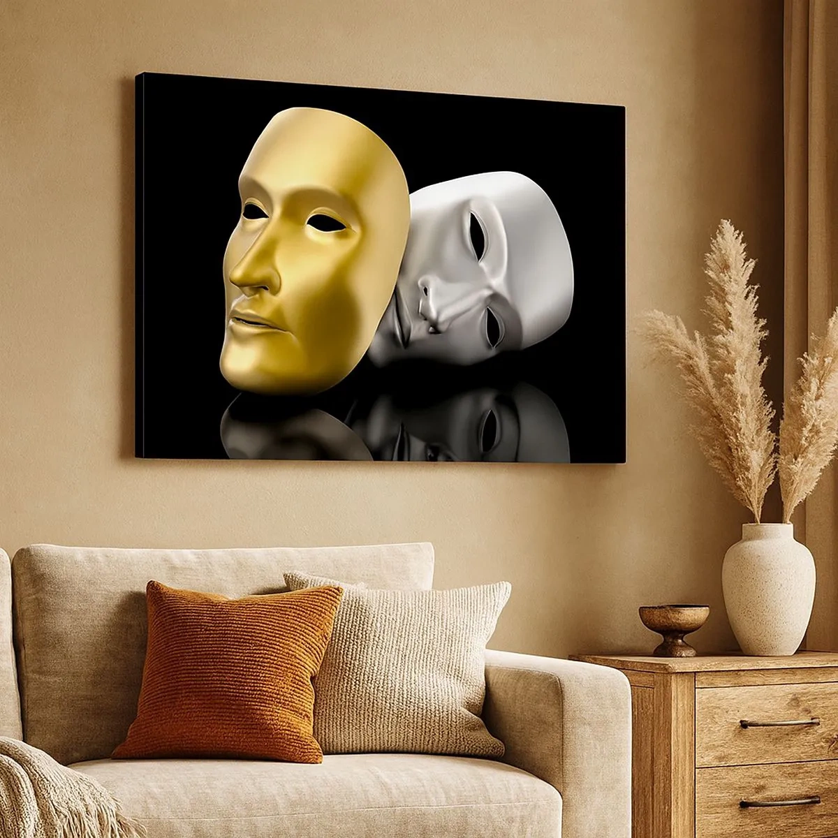 Bild auf Leinwand - Leinwandbild - Gold- und Silbermaske auf schwarzem Hintergrund - 70x50cm - Das Leben ist wie ein Theater - Moderne Wanddekoration für Wohnzimmer und Schlafzimmer ARTTOR