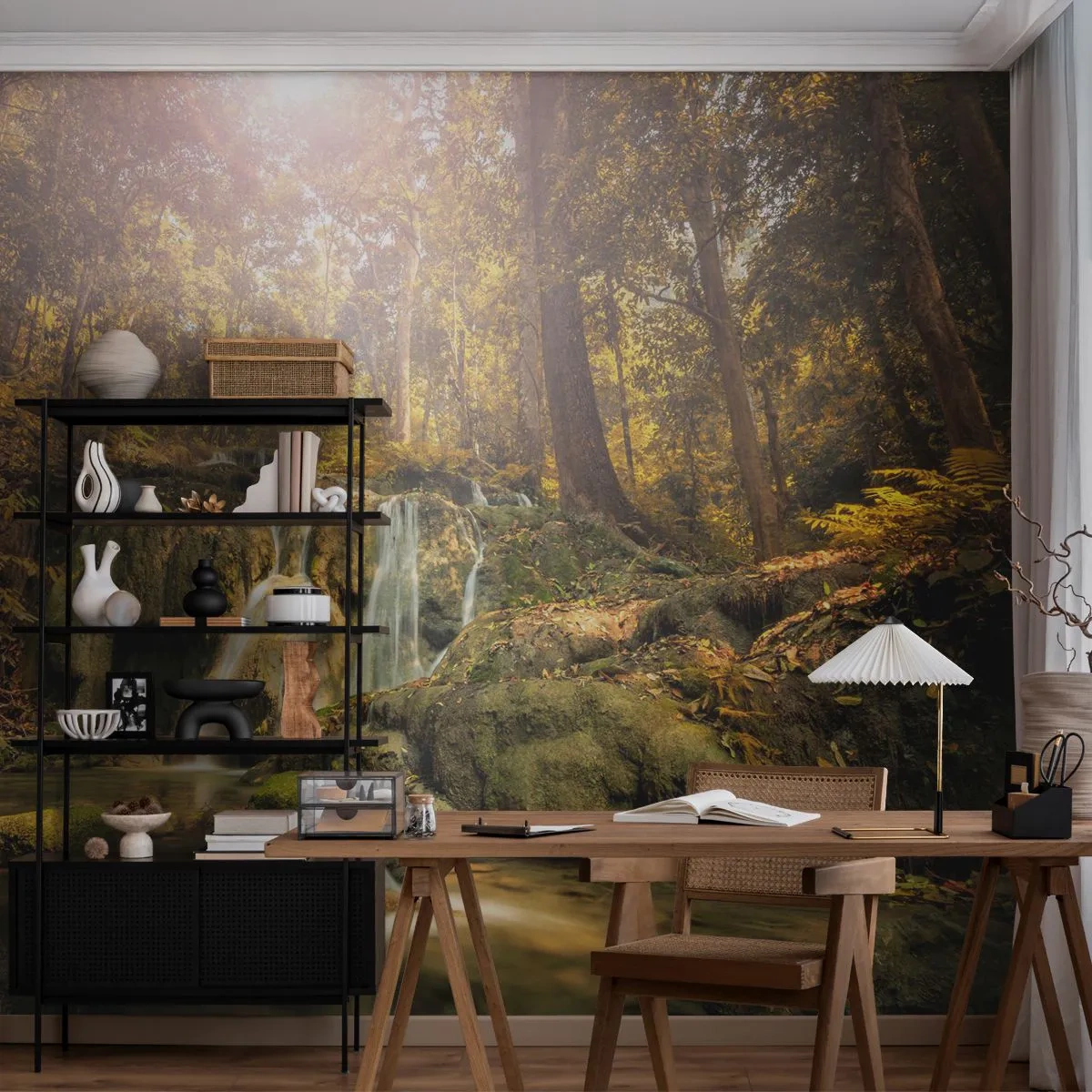 Fototapete Standard Eco - Ein malerischer Wasserfall, umgeben von einem herbstlichen Wald - 100x70cm - Waldkaskade im Grünen - Moderne Wanddekoration für Wohnzimmer und Schlafzimmer ARTTOR