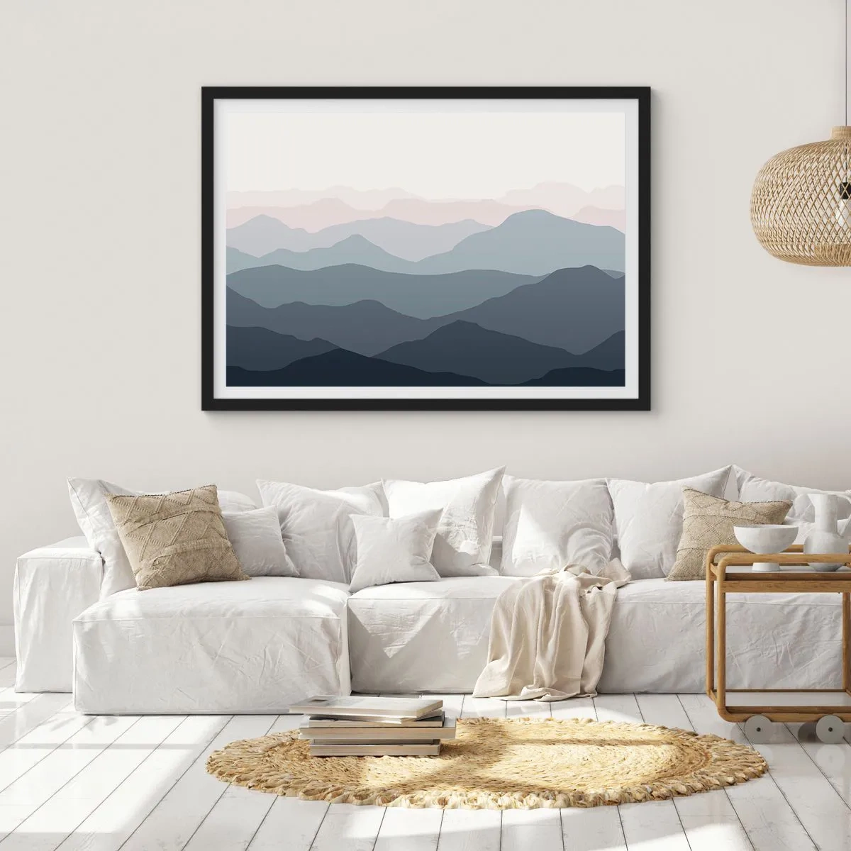Poster in einem schwarzem Rahmen - Dezente Bergschichten in Grau- und Blautönen - 70x50cm - Wellen der Berge - Moderne Wanddekoration für Wohnzimmer und Schlafzimmer ARTTOR
