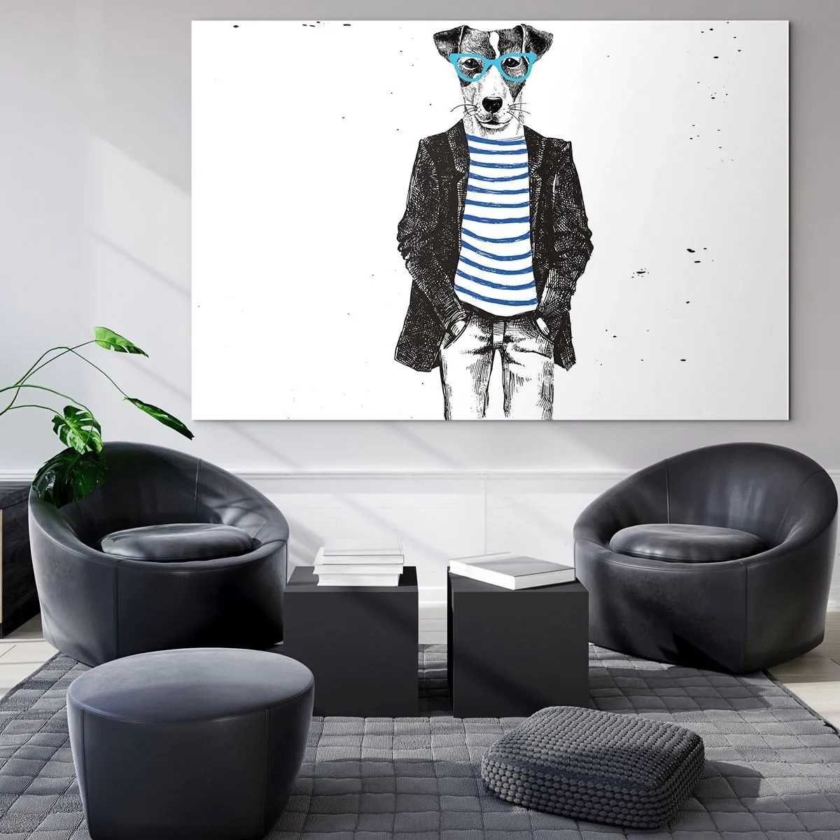 Glasbild - Bild auf glas - Illustration eines Hundes mit Matrosenhemd und Brille auf weißem Hintergrund - 70x50cm - Auf den Charme des Hundes - Moderne Wanddekoration für Wohnzimmer und Schlafzimmer ARTTOR