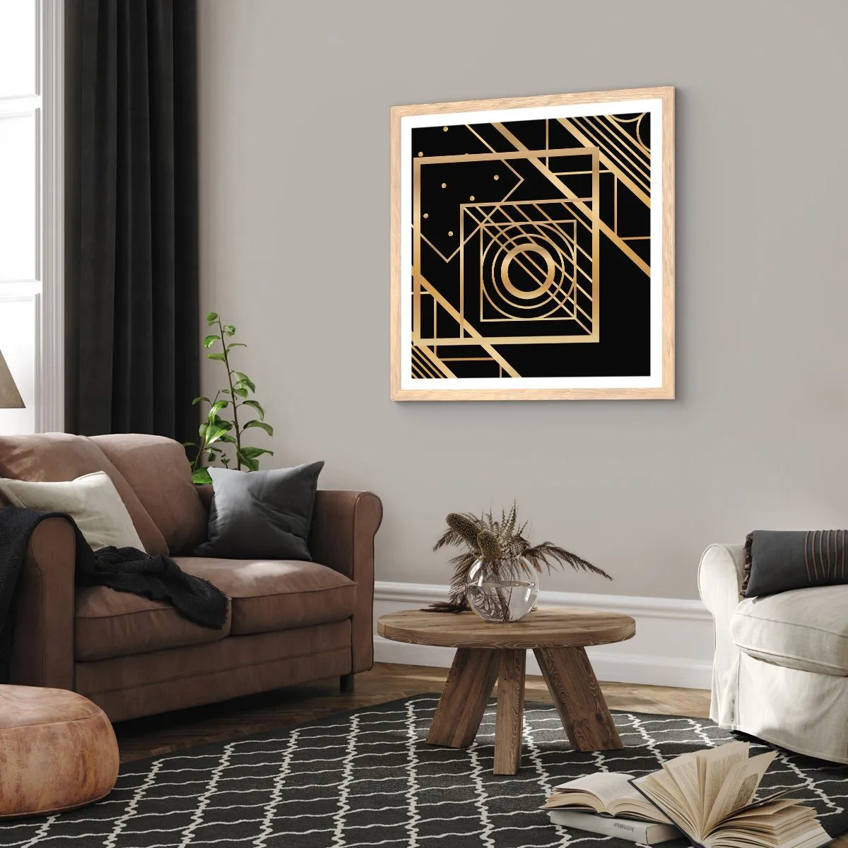 Poster in einem Rahmen aus heller Eiche - Goldene Geometrie - 40x40 cm