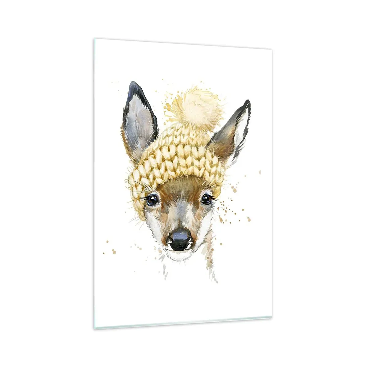 Glasbild - Bild auf glas - Aquarell Hirsch in einer gelben Mütze - 80x120cm - Für den Winter im verschneiten Wald - Moderne Wanddekoration für Wohnzimmer und Schlafzimmer ARTTOR
