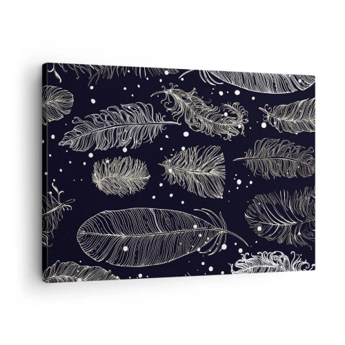 Bild auf Leinwand - Leinwandbild - Zarte weiße Federn auf marineblauem Hintergrund - 70x50cm - Gefiederte Spitze - Moderne Wanddekoration für Wohnzimmer und Schlafzimmer ARTTOR