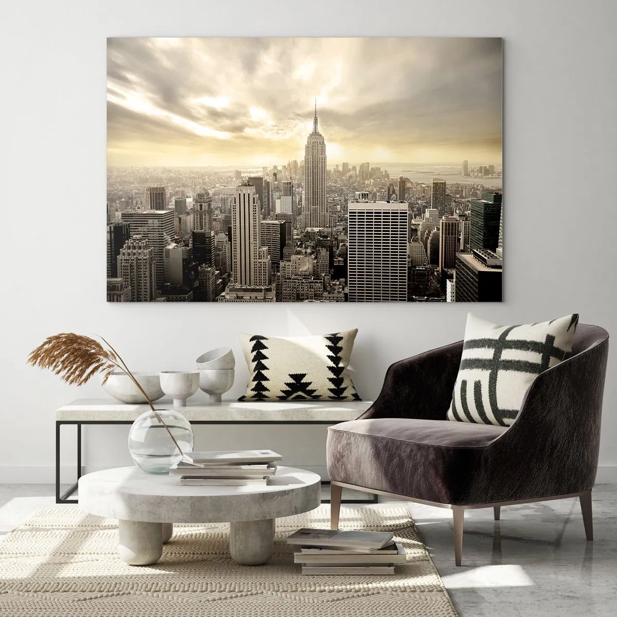 Glasbild - Bild auf glas - Stadtpanorama mit Wolkenkratzern und dem Empire State Building - 100x70cm - New York aus Grau - Moderne Wanddekoration für Wohnzimmer und Schlafzimmer ARTTOR