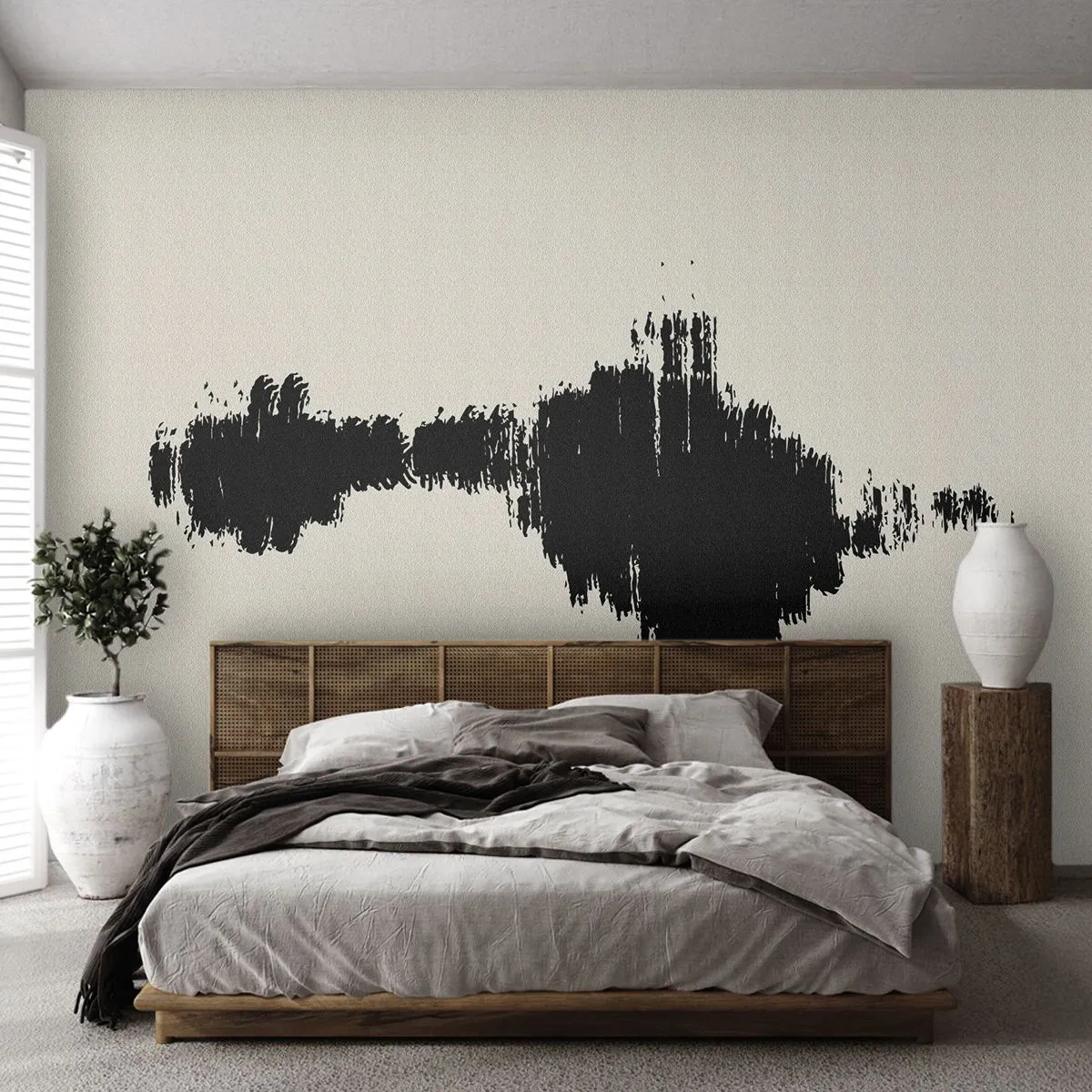 Fototapete Standard Eco - Eine schwarze Abstraktion, die einer Schallwelle auf hellem Hintergrund ähnelt. - 100x70cm - Schwingungen der Fantasie - Moderne Wanddekoration für Wohnzimmer und Schlafzimmer ARTTOR