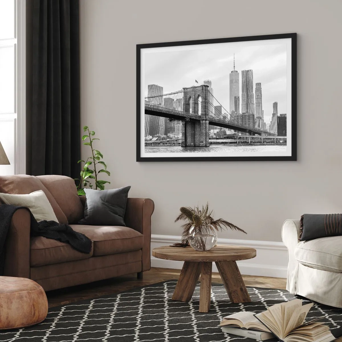 Poster in einem schwarzem Rahmen - Brooklyn Bridge mit New Yorker Wolkenkratzern im Hintergrund - 70x50cm - New Yorker Atmosphäre - Moderne Wanddekoration für Wohnzimmer und Schlafzimmer ARTTOR
