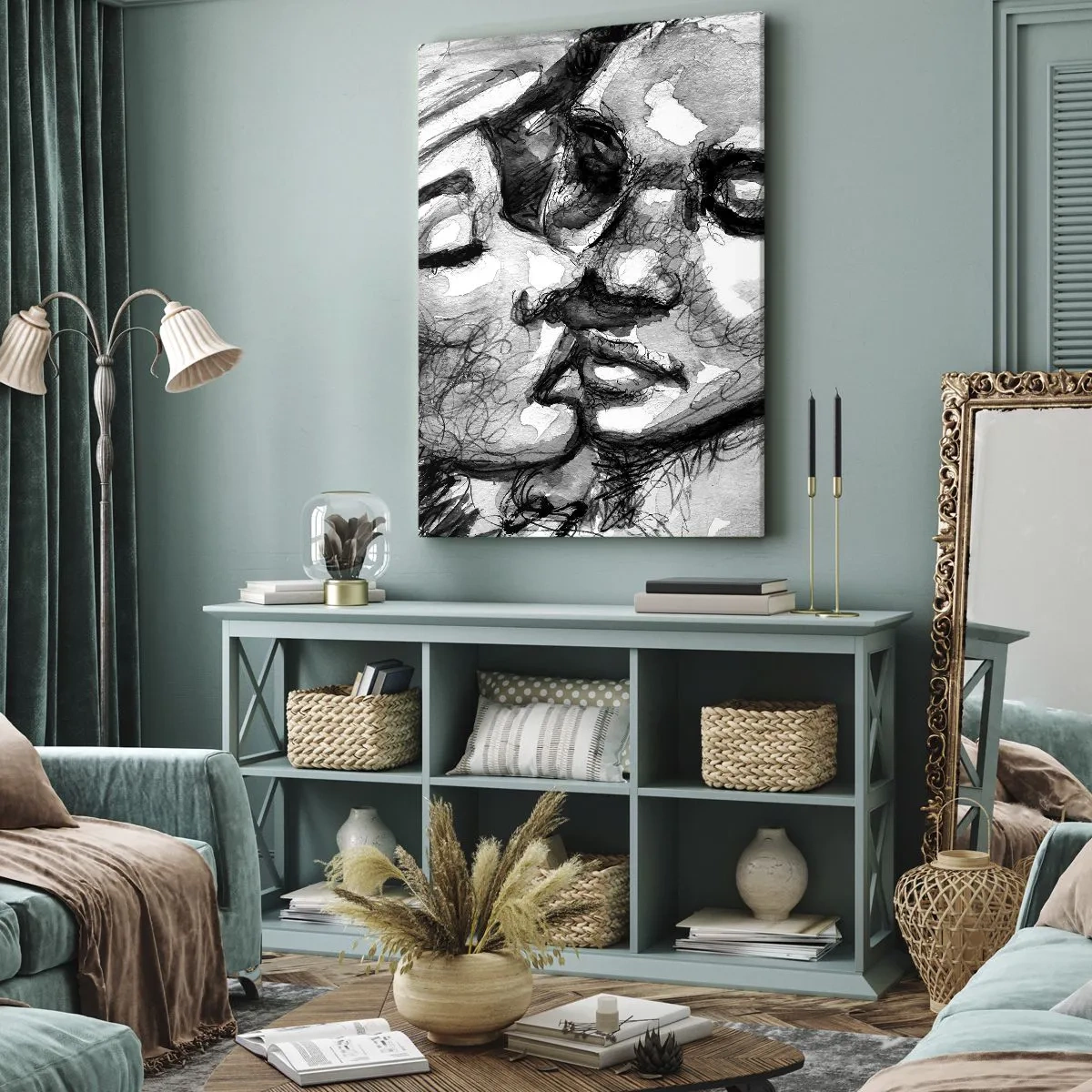 Bild auf Leinwand - Leinwandbild - Ein schwarz-weißes Aquarell, das einen intimen Moment zwischen zwei Menschen darstellt. - 50x70cm - Zärtlicher Moment - Moderne Wanddekoration für Wohnzimmer und Schlafzimmer ARTTOR