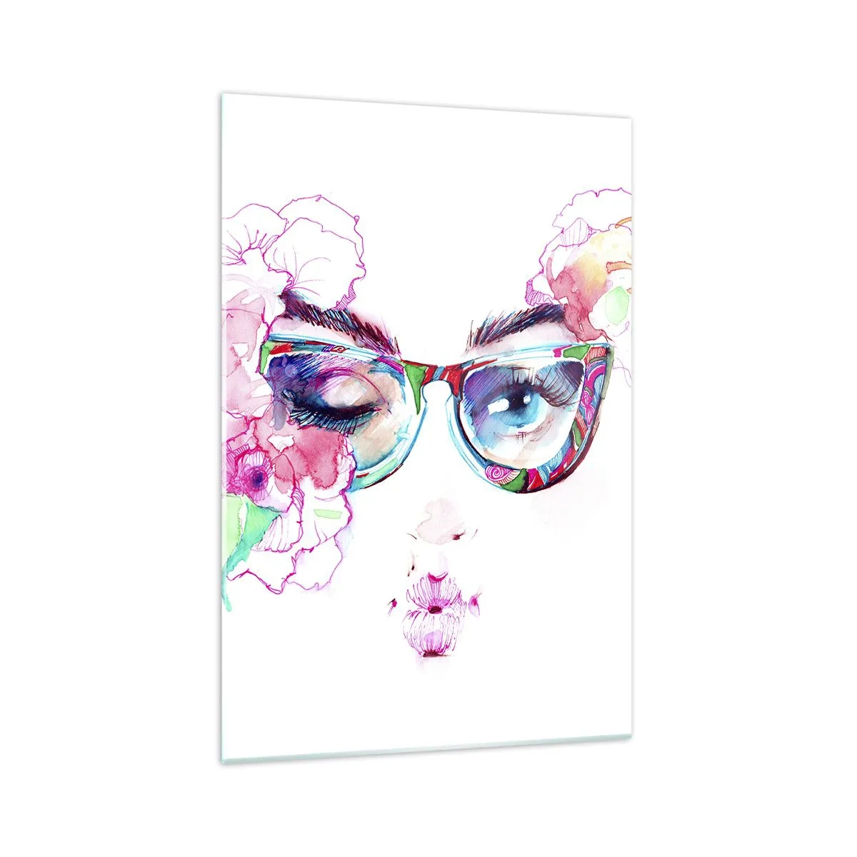 Glasbild - Bild auf glas - Aquarellgesicht mit bunten Gläsern und Blumen - 70x100cm - Ein verlockendes Versprechen - Moderne Wanddekoration für Wohnzimmer und Schlafzimmer ARTTOR