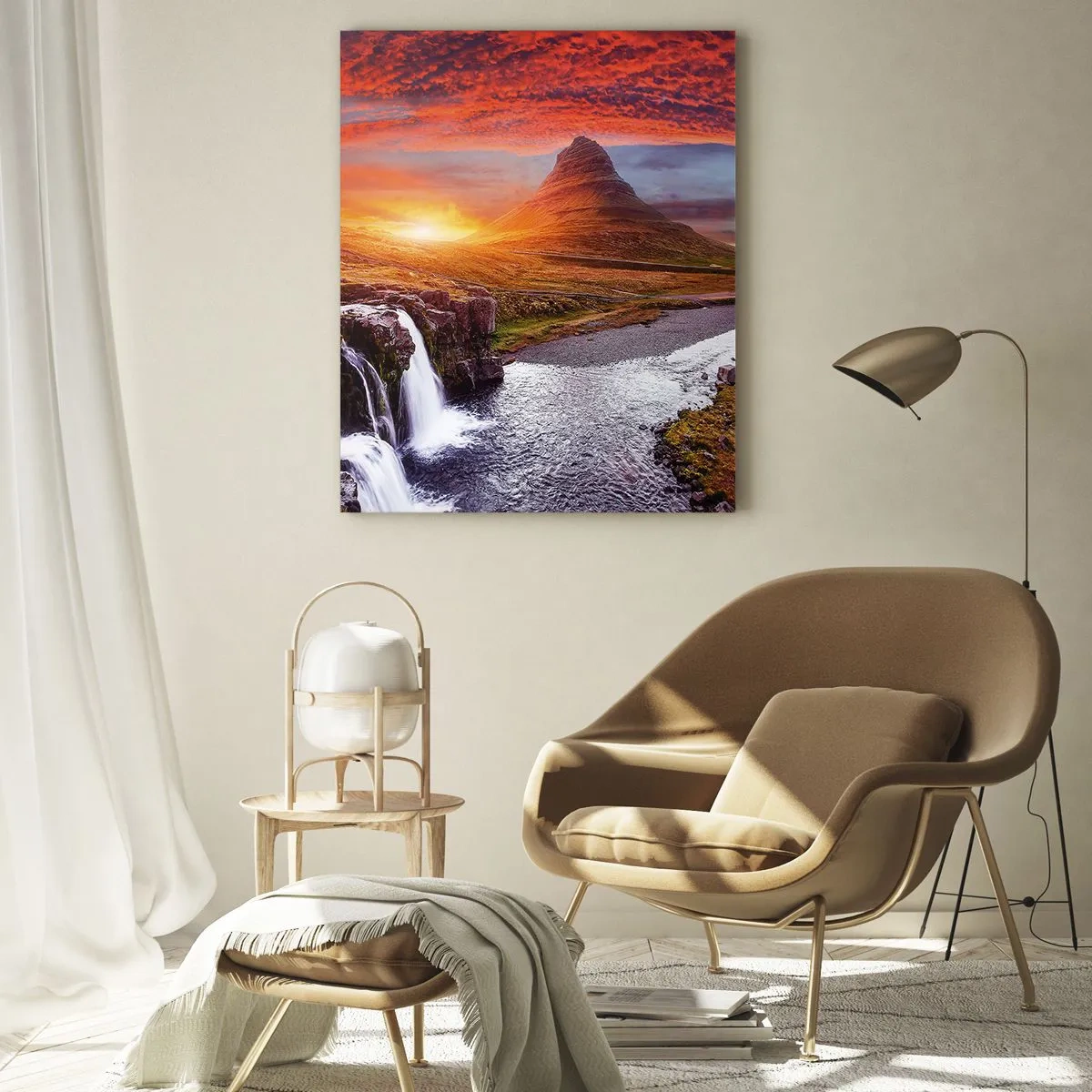 Glasbild - Bild auf glas - Berglandschaft mit Wasserfall bei Sonnenuntergang - 80x120cm - Ein Blick auf Mittelerde - Moderne Wanddekoration für Wohnzimmer und Schlafzimmer ARTTOR