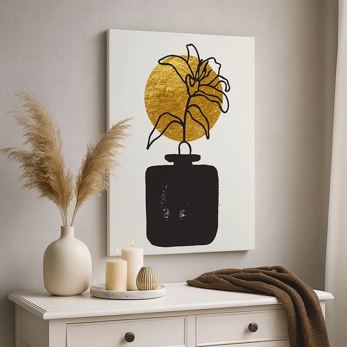 Bild auf Leinwand - Leinwandbild - Eine Zeichnung einer Blume in einer Vase vor einem goldenen Kreishintergrund - 50x70cm - Schönheit ist Gold wert - Moderne Wanddekoration für Wohnzimmer und Schlafzimmer ARTTOR