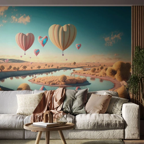 Selbstklebende Fototapete Deluxe Sticker - Dank Liebe steigt man auf - Luftballons, Pastell, Süßigkeiten - 350x256 cm