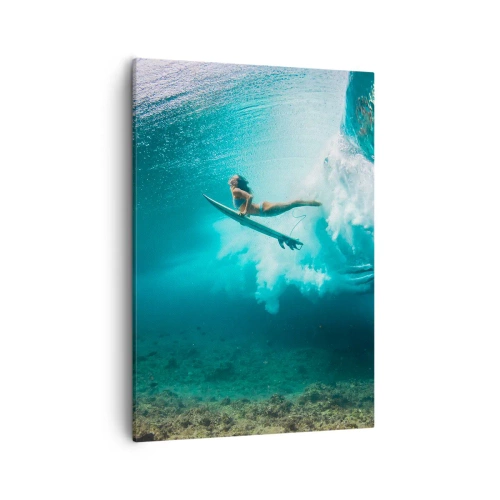 Bild auf Leinwand - Leinwandbild - Surfer unter einer Welle im blauen Ozeanwasser - 50x70cm - Unterwasserwelt - Moderne Wanddekoration für Wohnzimmer und Schlafzimmer ARTTOR