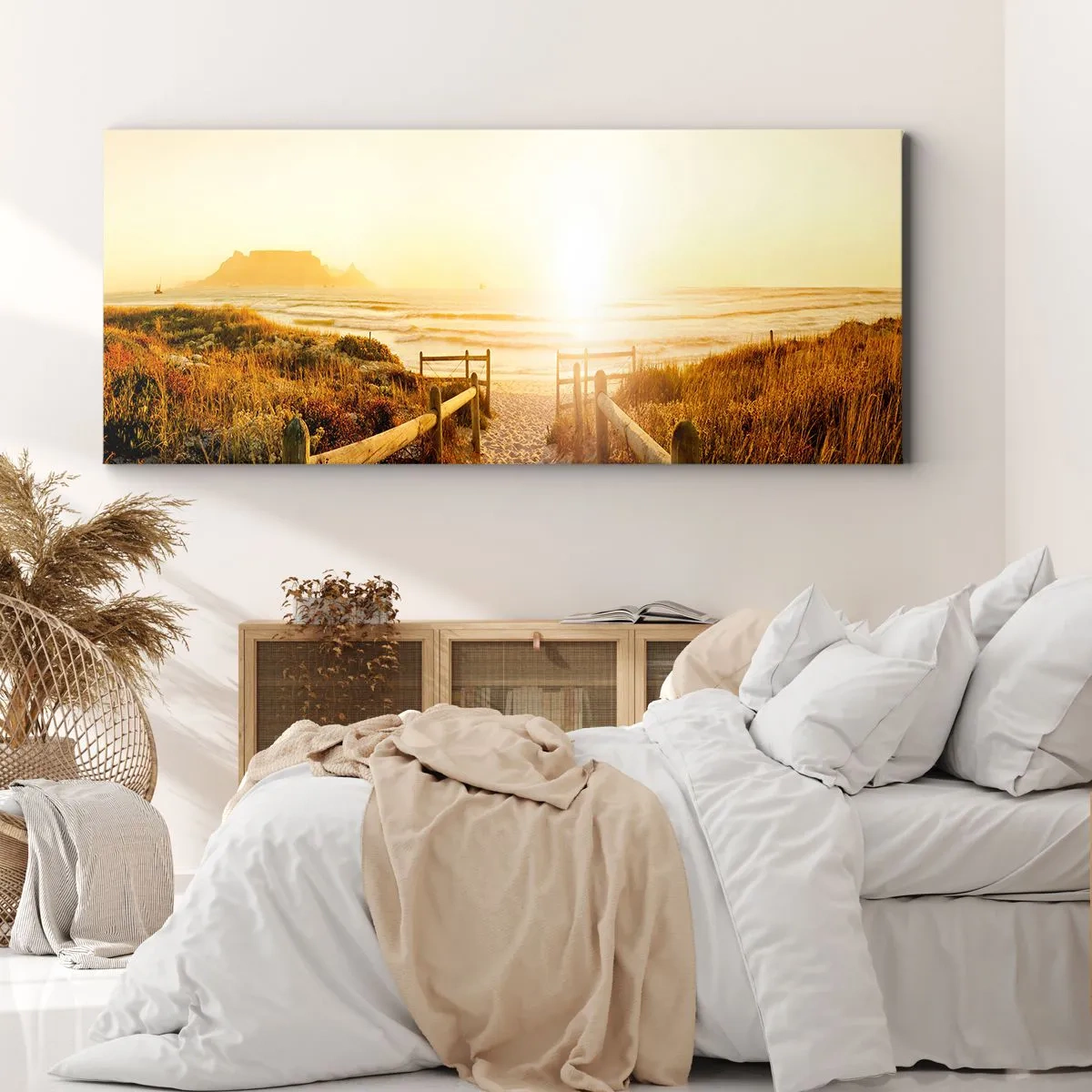 Bild auf Leinwand - Leinwandbild - Weg zum Strand bei goldenem Sonnenuntergang - 120x50cm - Über die Düne, der Sonne entgegen - Moderne Wanddekoration für Wohnzimmer und Schlafzimmer ARTTOR