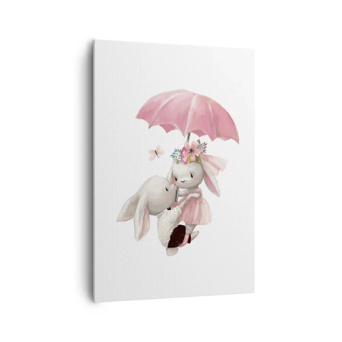 Bild auf Leinwand - Leinwandbild - Süße Häschen unter einem rosa Regenschirm - 70x100cm - Das ist eben Liebe - Moderne Wanddekoration für Wohnzimmer und Schlafzimmer ARTTOR