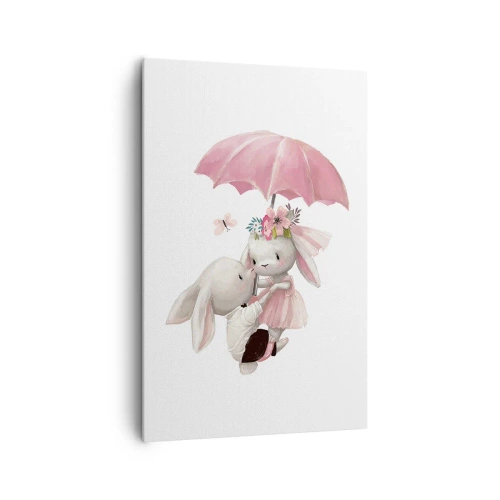 Bild auf Leinwand - Leinwandbild - Süße Häschen unter einem rosa Regenschirm - 80x120cm - Das ist eben Liebe - Moderne Wanddekoration für Wohnzimmer und Schlafzimmer ARTTOR