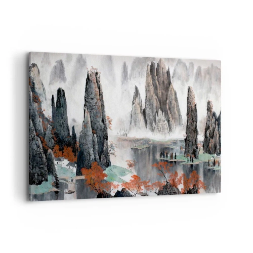 Bild auf Leinwand - Leinwandbild - Malerische Felsen und Bäume in der nebligen chinesischen Landschaft - 120x80cm - Mächtige Wächter - Moderne Wanddekoration für Wohnzimmer und Schlafzimmer ARTTOR