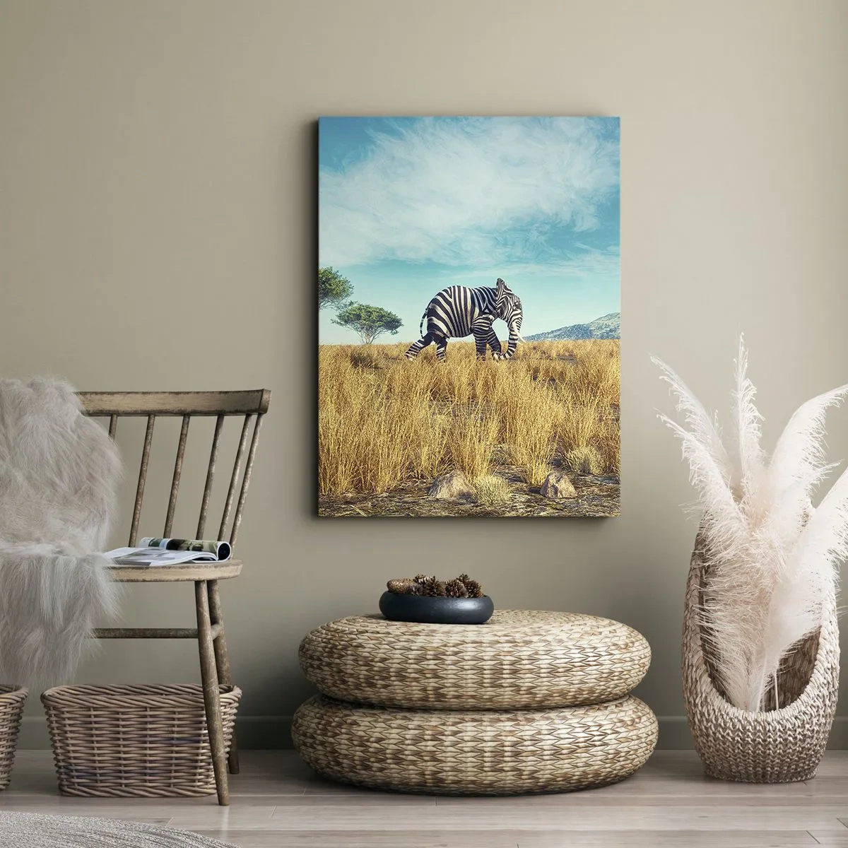Bild auf Leinwand - Leinwandbild - Zebra in einer afrikanischen Landschaft - 70x100cm - Grau ist nicht mehr in Mode - Moderne Wanddekoration für Wohnzimmer und Schlafzimmer ARTTOR