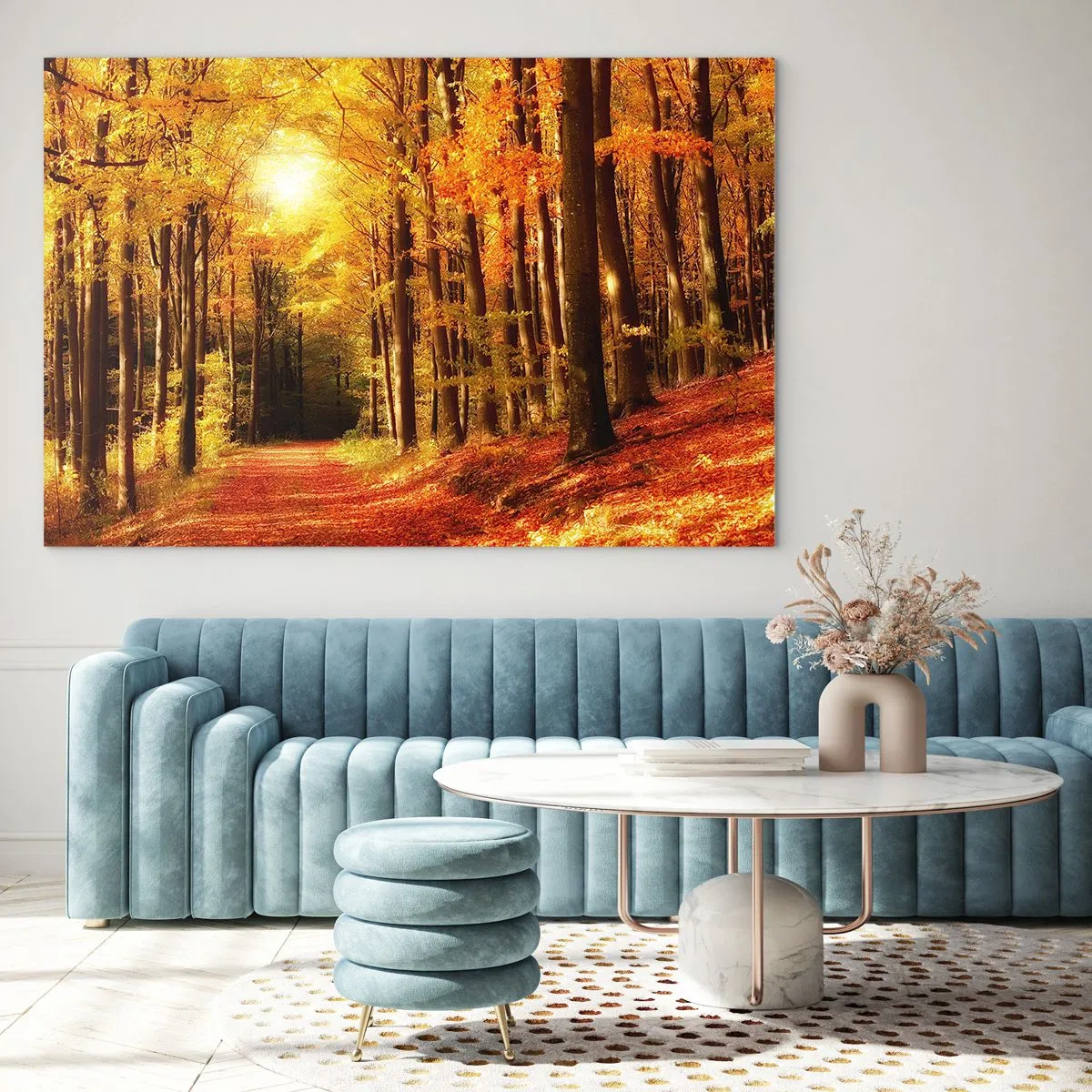 Glasbild - Bild auf glas - Herbstwald in goldenes Sonnenlicht getaucht - 100x70cm - Goldener Herbst auf einer Forststraße - Moderne Wanddekoration für Wohnzimmer und Schlafzimmer ARTTOR