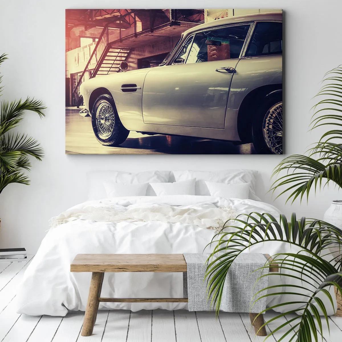Bild auf Leinwand - Leinwandbild - Ein Oldtimer in einer stilvollen Garage mit industriellem Interieur - 70x50cm - Die Klassiker werden nicht alt - Moderne Wanddekoration für Wohnzimmer und Schlafzimmer ARTTOR