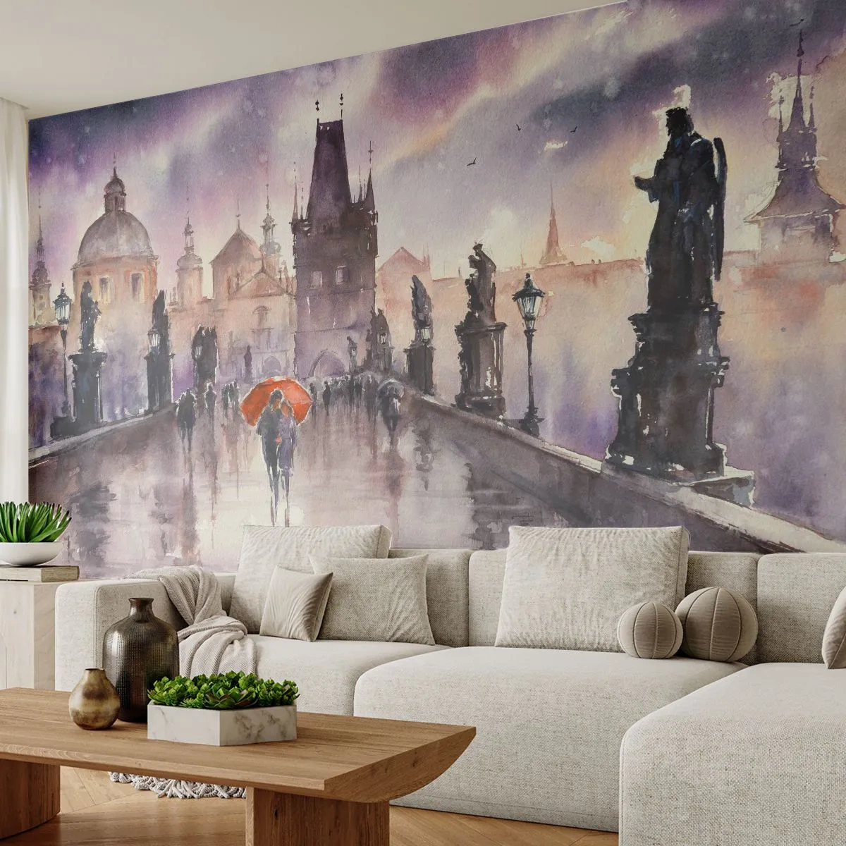 Fototapete Premium Sand - Romantisches Aquarell einer Brücke mit einer Figur unter einem roten Regenschirm - 100x70cm - Leute verändern sich nicht - Moderne Wanddekoration für Wohnzimmer und Schlafzimmer ARTTOR