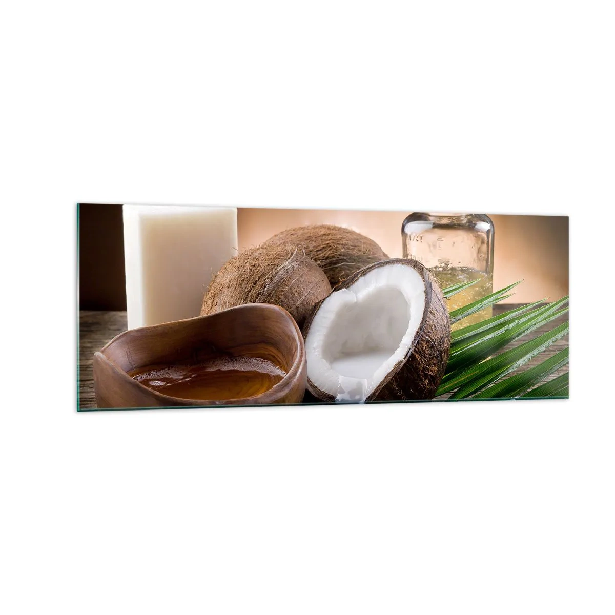 Glasbild - Bild auf glas - Kokosnüsse, Kerze und Öl auf einem hölzernen Hintergrund - 140x50cm - Gesundheit von tropischen Inseln - Moderne Wanddekoration für Wohnzimmer und Schlafzimmer ARTTOR