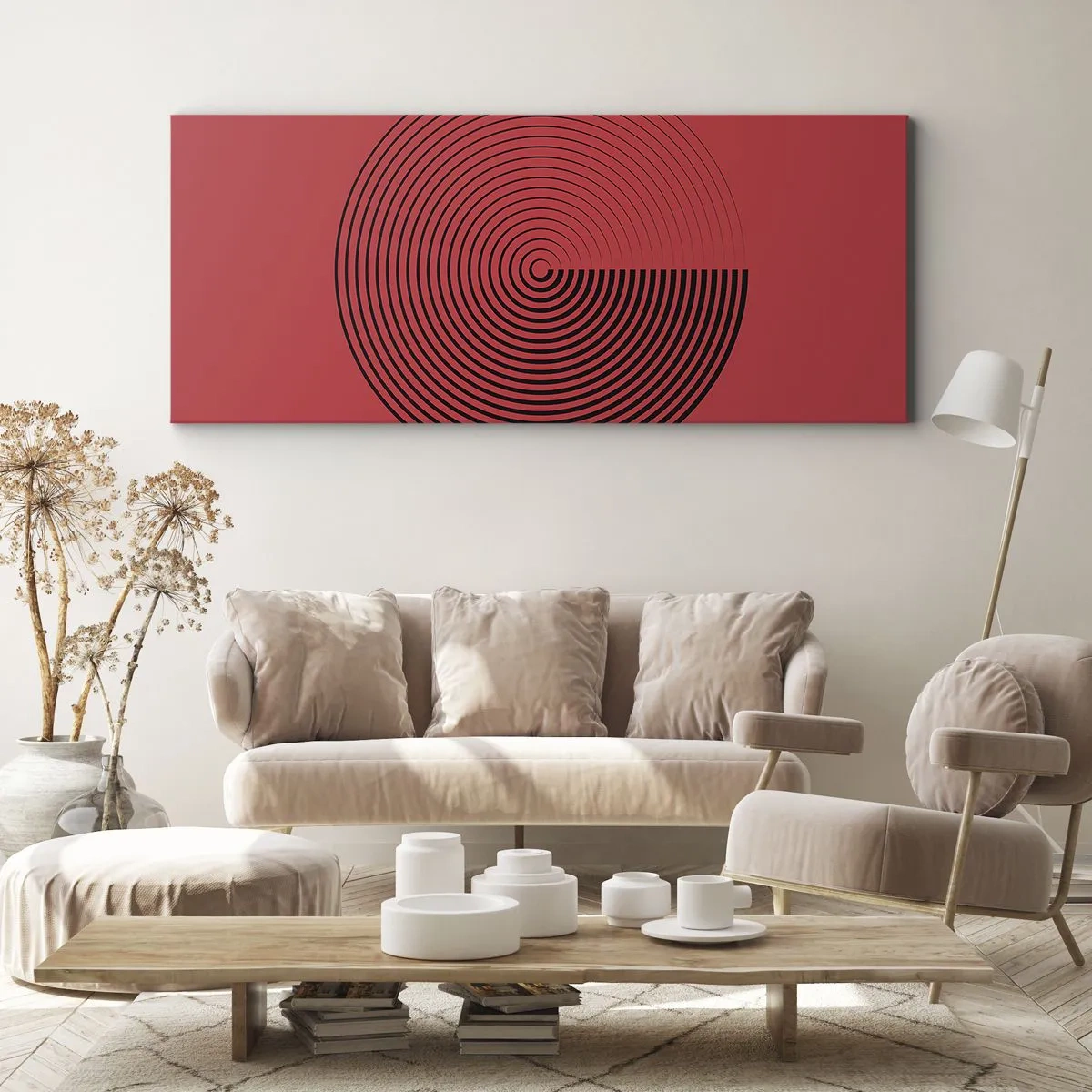 Bild auf Leinwand - Leinwandbild - Konzentrische Kreise auf rotem Hintergrund - 160x50cm - Kreisbewegung - Moderne Wanddekoration für Wohnzimmer und Schlafzimmer ARTTOR